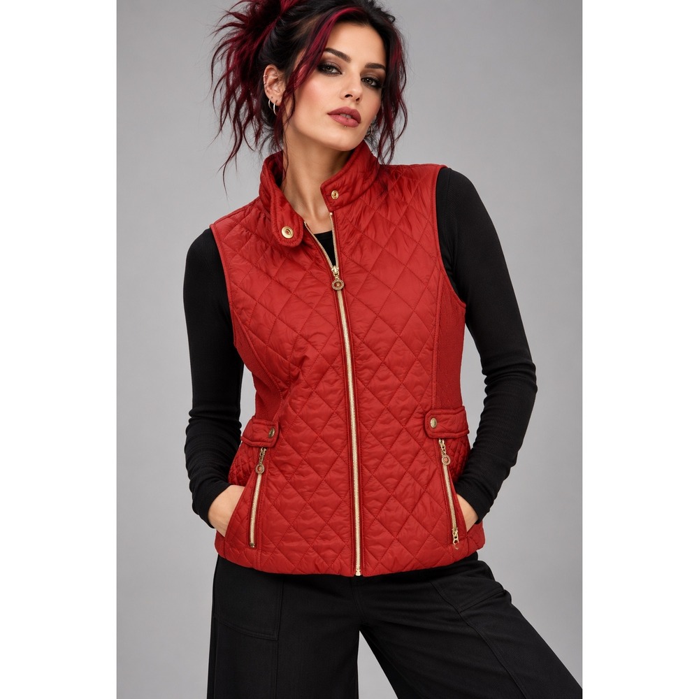 Marc New York M Red Quilted Vest Zip Pockets Stand Collar